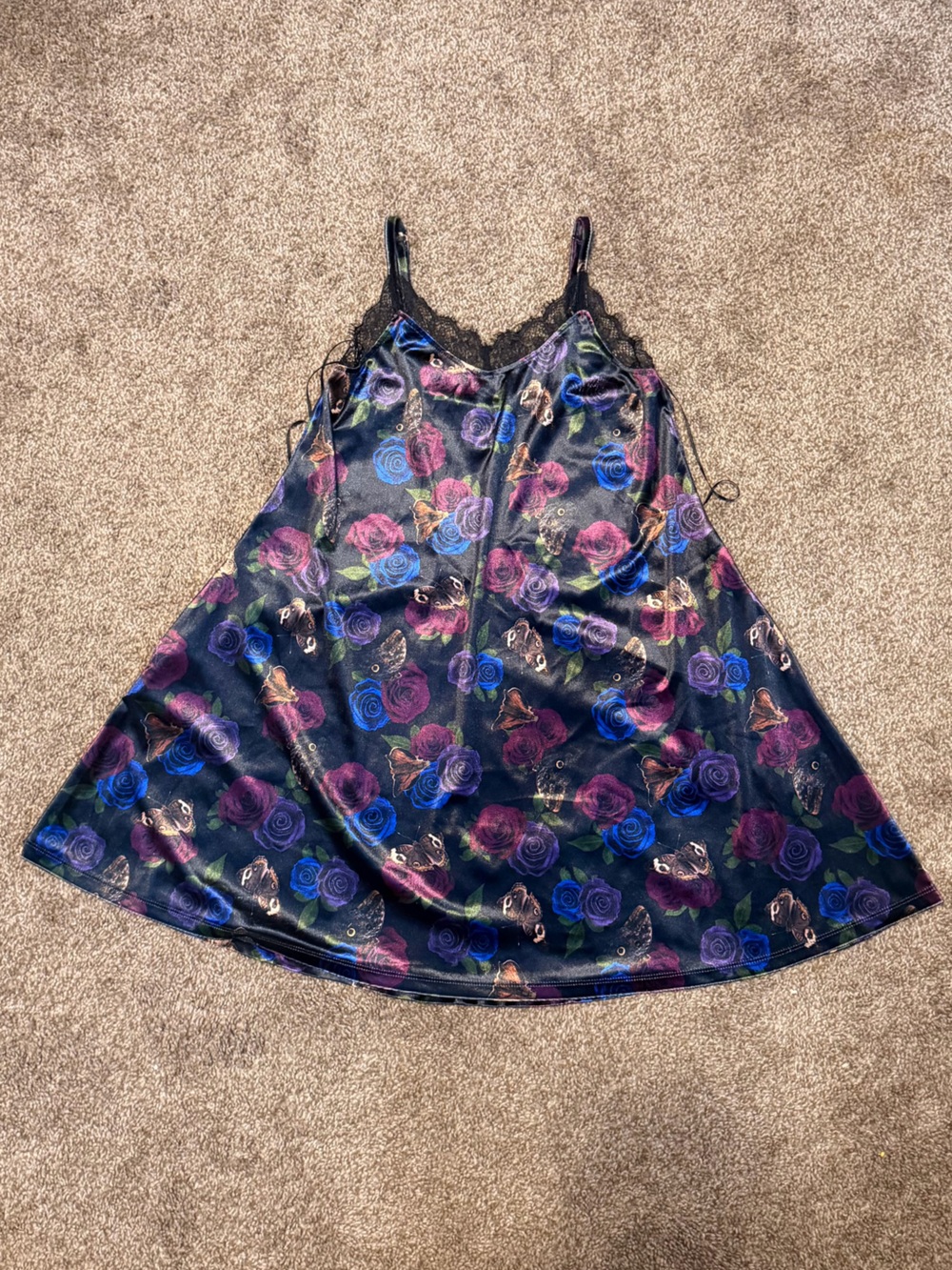 Hot Topic Black Slip Dress with Blue and Purple Rose Accents